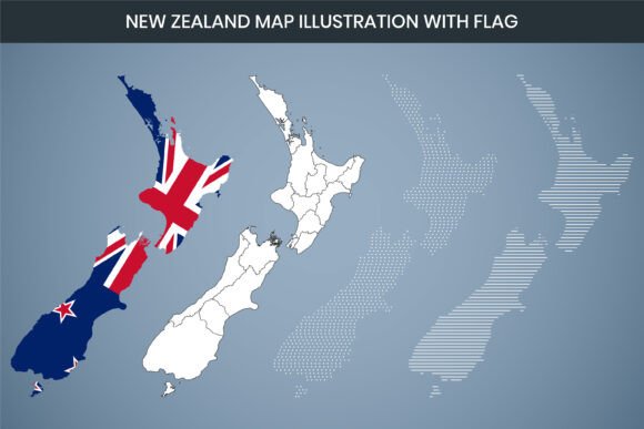 New Zealand Map Illustration with Flag