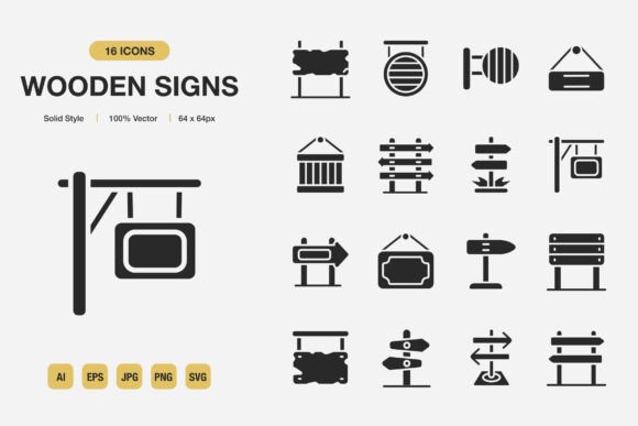 Wooden Signs Solid Icons: Graphics for Modern Design